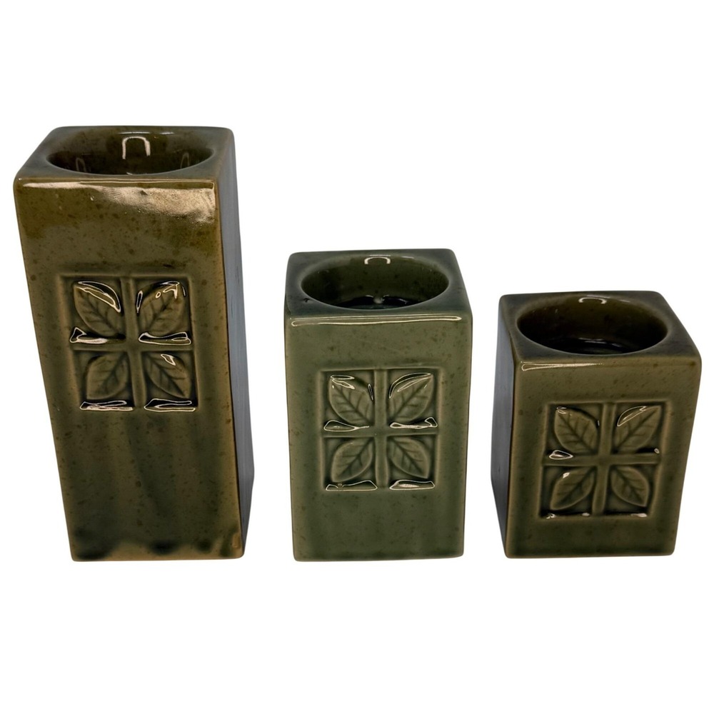 3 Pc Leaf Candle Holder Set MCM Ceramic Candleholder Set Vintage Tealight Votive - Picture 6 of 9